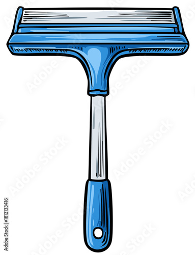 A cartoon illustration of a blue squeegee cleaning tool with a handle and a blade holder.