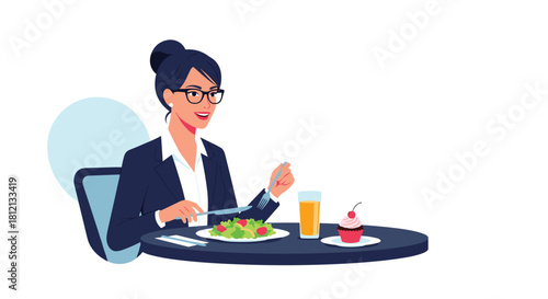 A smiling businesswoman in a suit enjoys a healthy lunch of salad with a cupcake and juice at a restaurant table.