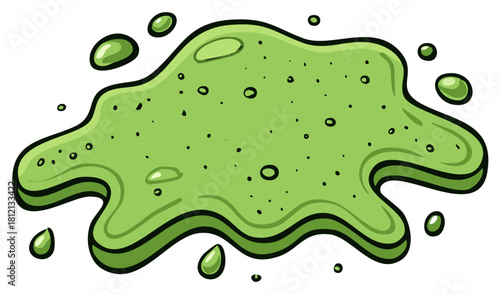Green slime cartoon illustration. Spilled slimy substance with drops and bubbles. Vector art