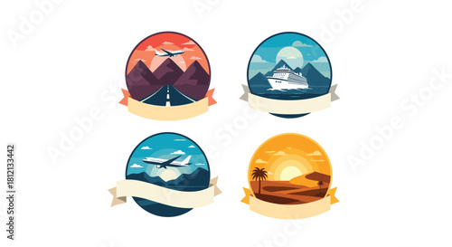 A set of four circular travel and vacation themed logos or badges with airplanes ships mountains and desert landscapes.