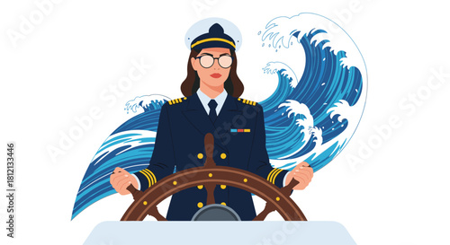 A confident female ship captain in a navy uniform and glasses stands at the helm steering through large ocean waves.