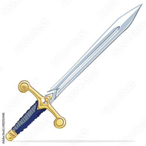 Ornate Golden Hilt Sword with Sharp Metallic Blade and Blue Wrapped Handle