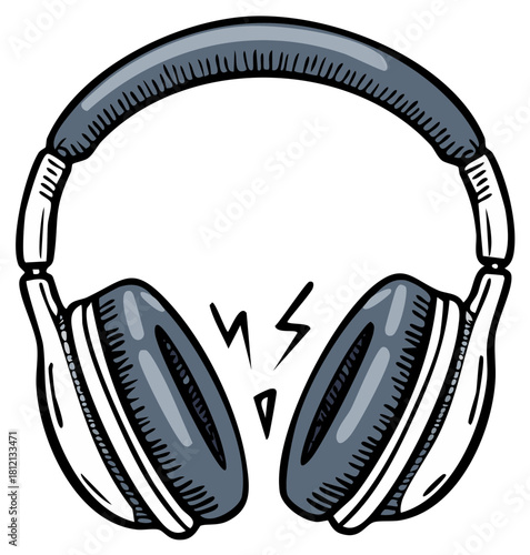 Illustrated audio headphones with sound waves emanating from earcups