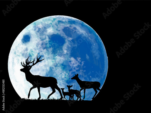 deer silhouette, moon, wildlife, night, stag, doe, fawns,