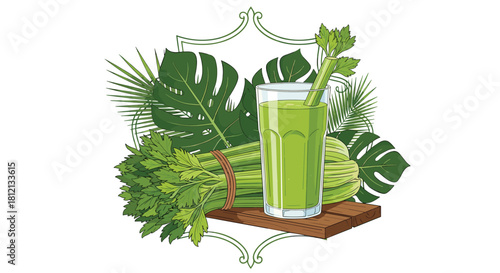 A healthy green drink made from celery is shown in a glass alongside a bunch of celery stalks inside a decorative frame.