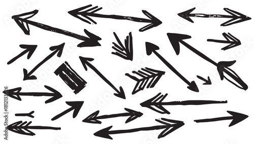 Hand drawn arrow collection in trendy sketch style, design elements for wayfinding, presentations, and creative projects, pointing direction