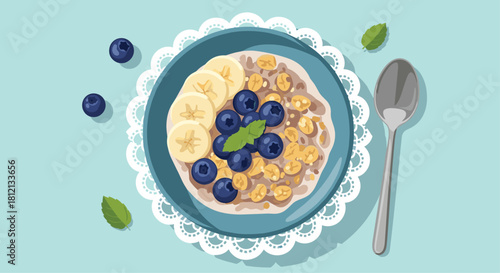 A healthy breakfast bowl of oatmeal porridge with fresh blueberries banana slices and mint on a decorative white doily.