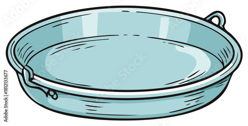 Vintage cartoon illustration of an empty round metal washtub or basin