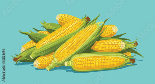 A large pile of freshly harvested yellow corn on the cob with green husks is illustrated against a bright teal background.