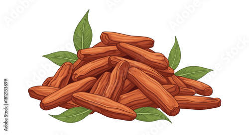 A pile of dried sandalwood sticks with green leaves is shown in a detailed hand-drawn illustration on a white background.