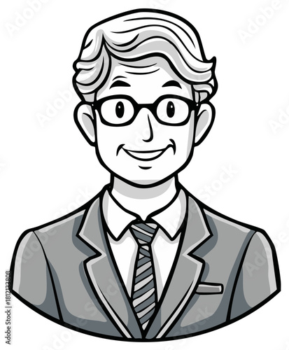 Friendly smiling older man wearing glasses and a suit professional cartoon illustration