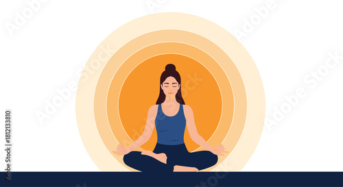 A serene woman with her eyes closed meditates in the lotus yoga pose against a background of concentric orange circles.