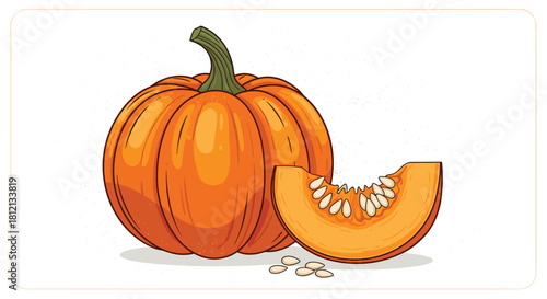 A whole orange pumpkin with a stem is shown next to a cut slice with seeds in a simple hand-drawn vector illustration.