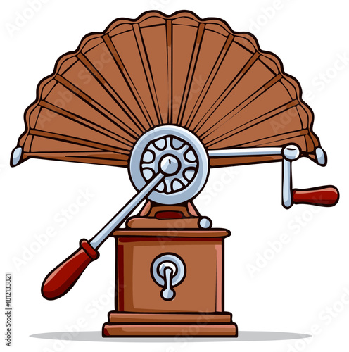 Cartoon illustration of hand cranked vintage fan on stand with crank handle and fan blades