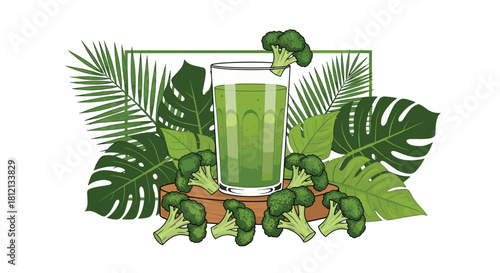 A healthy green smoothie in a glass is surrounded by fresh broccoli florets and tropical leaves on a wooden pedestal.