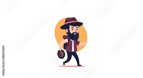 A cartoon illustration of a bearded hiker or traveler with a backpack and hat walking happily on an adventure.