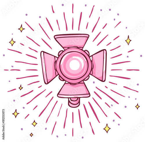 Hand Drawn Pink Stage Light with Beams and Sparkling Stars Decorative Celebration Design Element