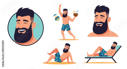 A set of illustrations shows a happy bearded man on summer vacation enjoying the beach and relaxing in various poses.