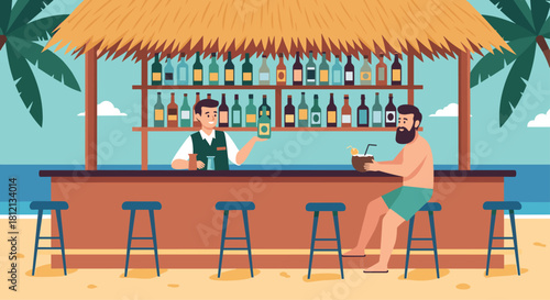 A man enjoys a coconut cocktail at a tropical beach bar while the bartender serves drinks in a seaside vacation scene.