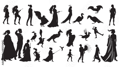 Enchanting silhouettes of diverse figures and birds create a magical ambiance, perfect for fantasy designs and whimsical illustrations, adding a touch of elegance