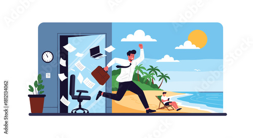 A happy businessman runs from a chaotic office directly onto a peaceful tropical beach for a much-needed vacation.