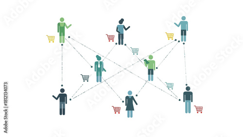 People connected by dotted lines with shopping carts
