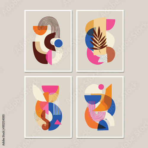 Set of Four Colorful Abstract Geometric Art Prints.