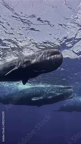 Close-Up of Sperm Whales Cruising Beneath the Surface