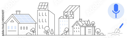 Urban area featuring houses and skyscrapers with solar panels, trees, microphone, and shovel. Ideal for sustainability, clean energy, urban planning, green innovation, eco-living smart cities