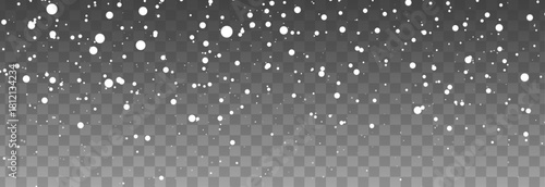 Falling snow on a transparent background, featuring light snowfall, soft snowflakes, and subtle bokeh light effects.