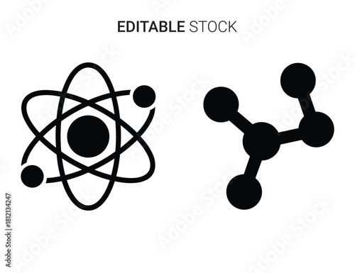 Atomic structure and molecular model symbols for science, education, research, chemistry, physics.