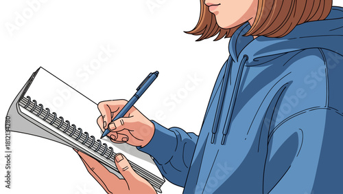 Person writing in a spiral notebook with a blue pen