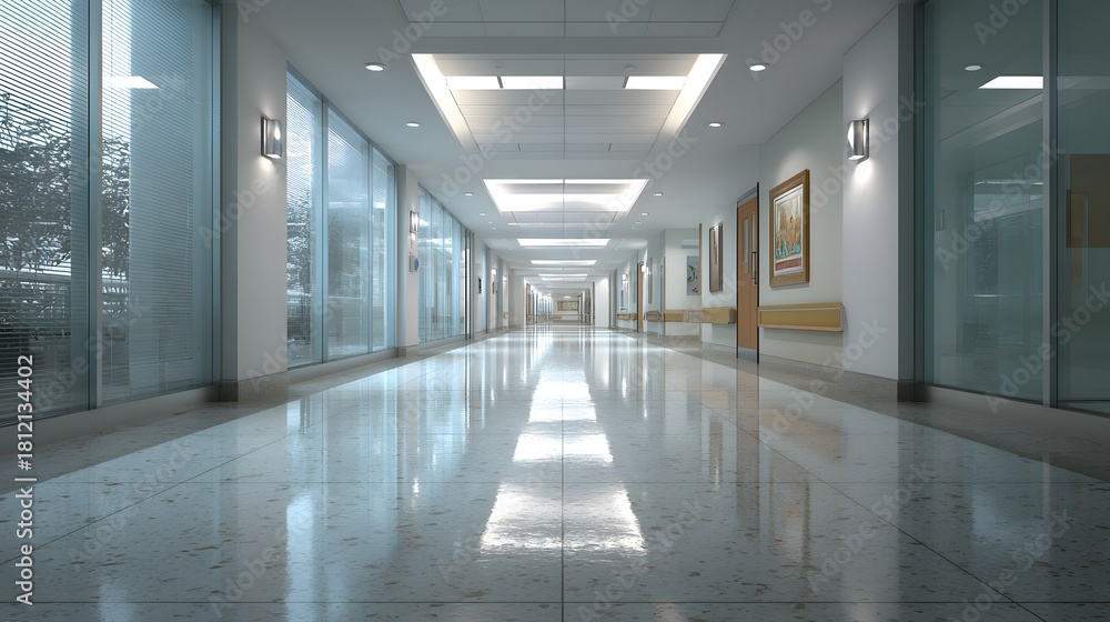 Fototapeta premium Long hallway with a lot of windows and a shiny floor. The hallway is empty and the windows let in a lot of light