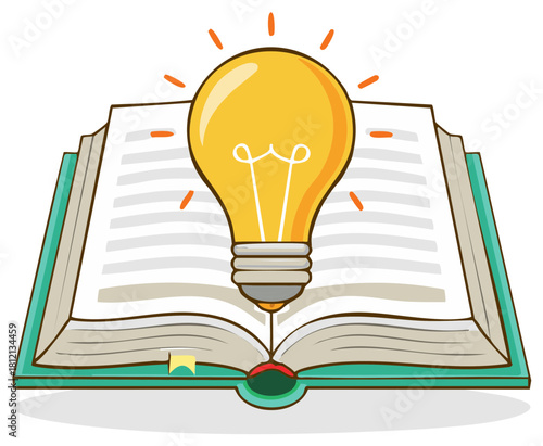Open book with illuminated light bulb symbolizing knowledge and bright idea