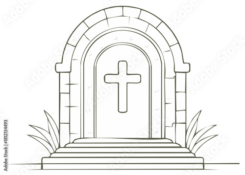 Stone Archway Entrance with Christian Cross Symbol and Grass Clipart Line Drawing