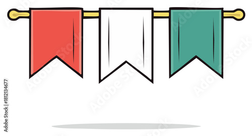 Three colorful flags hanging from a golden rod against a white background