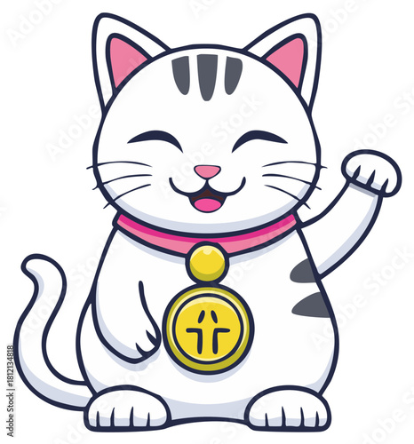 Japanese Lucky Cat with Waving Paw and Gold Coin Pendant