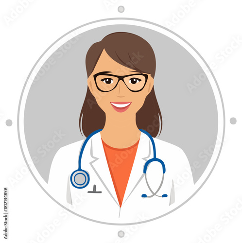 Smiling female doctor wearing glasses and a stethoscope in a white coat