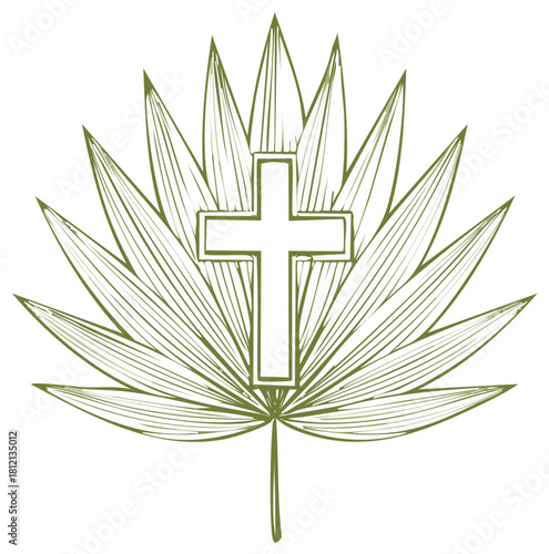 Palm Sunday Illustration: Christian Cross and Fan Palm Leaf Decoration