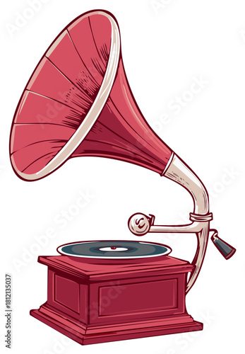 Retro Gramophone With Red Horn and Vinyl Record Playing Music