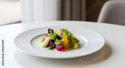 Delicious Beetroot Salad with Wagyu Beef, Fresh Greens and Soft Cheese on White Plate