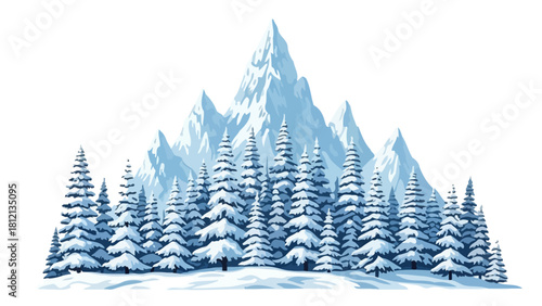 Pixel art of snowcovered evergreen trees in front of icy mountains
