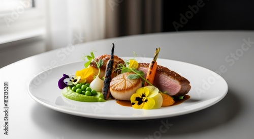 Gourmet Dish Wagyu Beef, Scallop, and Vegetable Medley - A Culinary Masterpiece