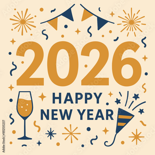 A trendy vector illustration showcasing festive Happy New Year 2026 themes and patterns, a modern celebration concept