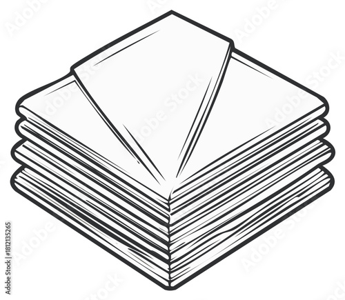Stacked paper documents with folded corner. Hand-drawn outline illustration.