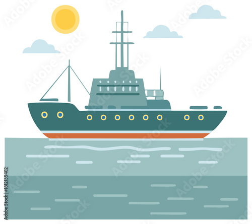 Illustration of Cruise Ship on the Water with Sun and Clouds in the Sky
