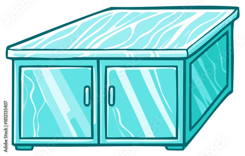 Cute cartoon light blue cabinet with reflective doors and a glossy top surface