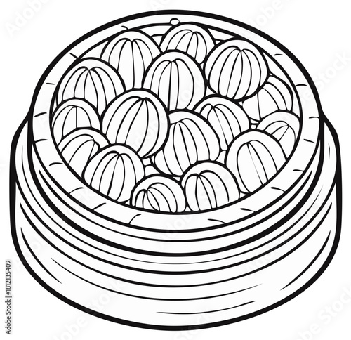 Line art drawing of dumplings in a bamboo steamer basket