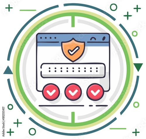 Website Security Illustration with Shield Checkmark and Password Fields