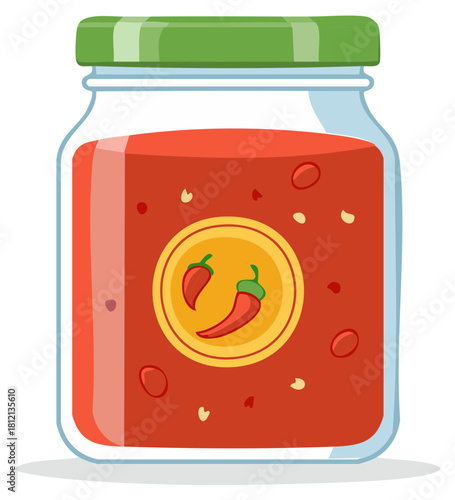 Illustration of a jar of spicy red chili sauce with chili peppers on the label and a green lid